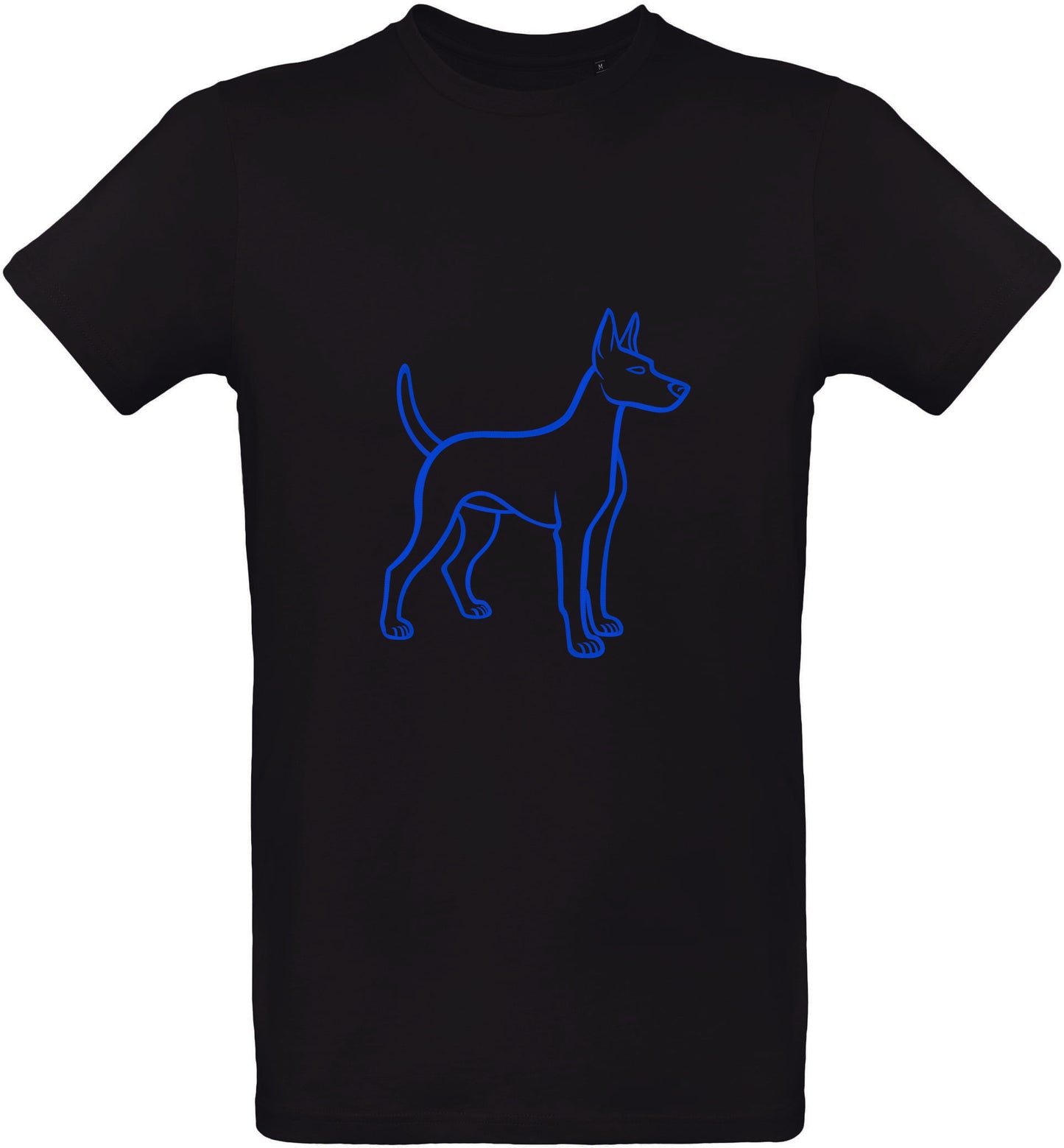 Black t-shirt with a deep blue puppy outline design on a white background