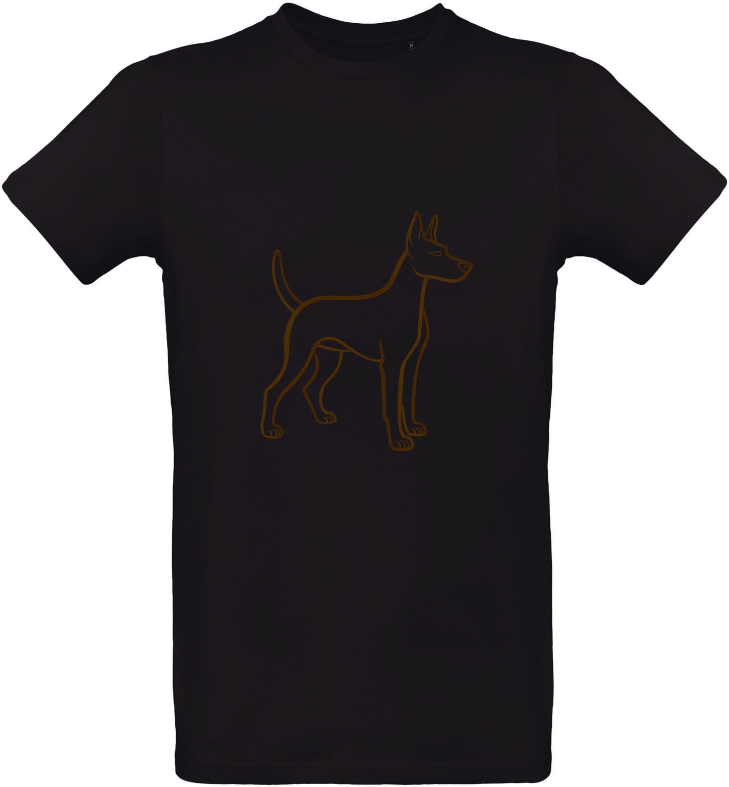 Black t-shirt with a brown puppy outline design on a white background