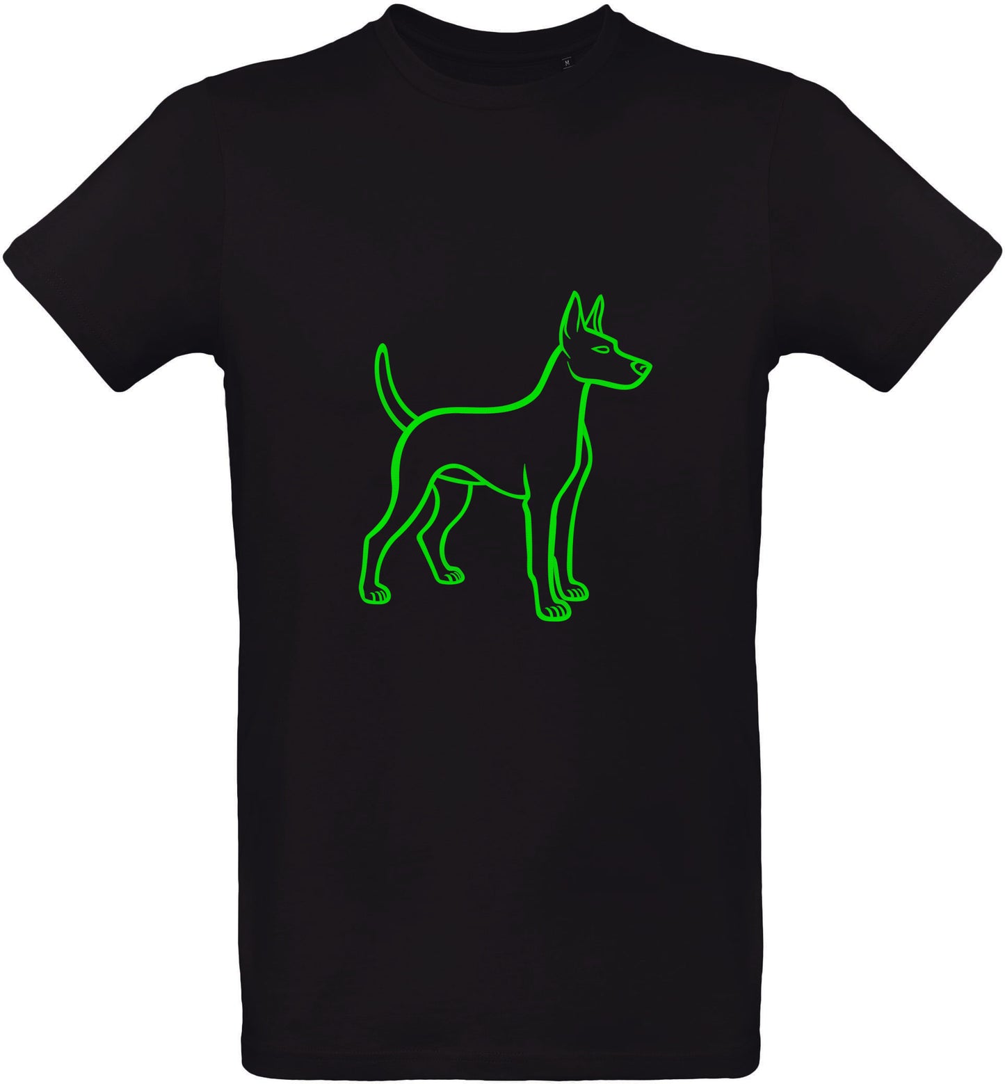 Black t-shirt with a green puppy outline design on a white background