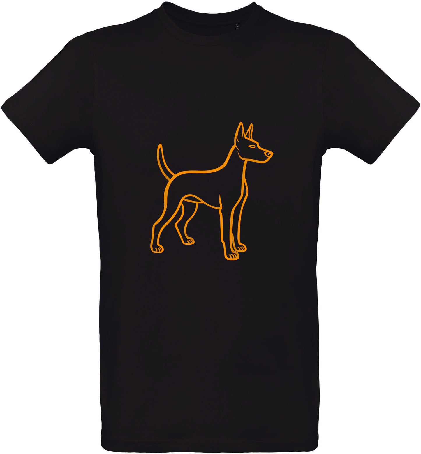 Black t-shirt with a orange puppy outline design on a white background