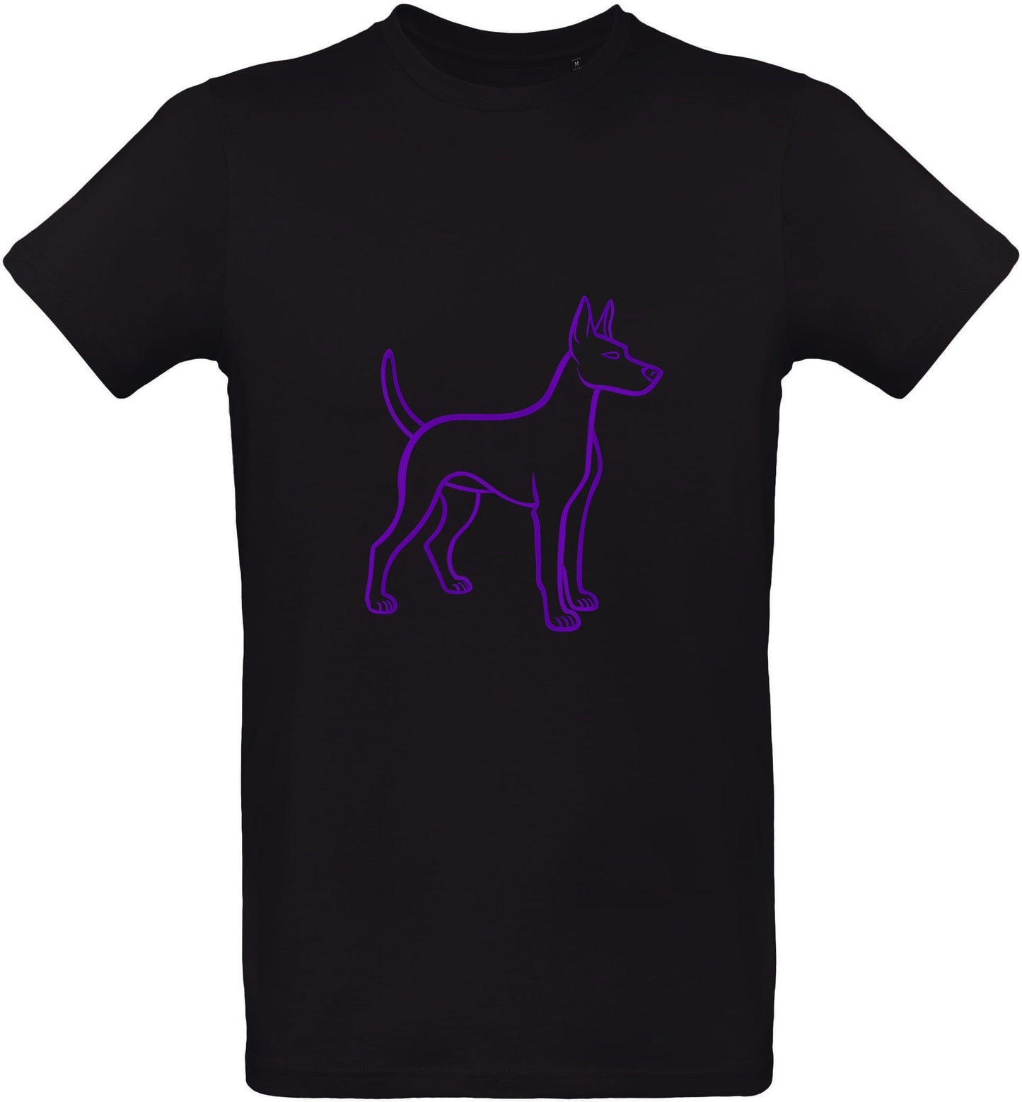 Black t-shirt with a purple puppy outline design on a white background
