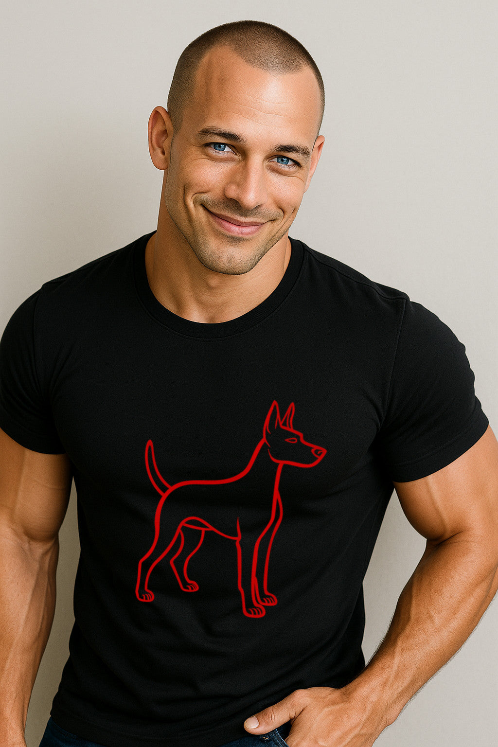 Man wearing a black t-shirt with a red dog outline design on a plain background