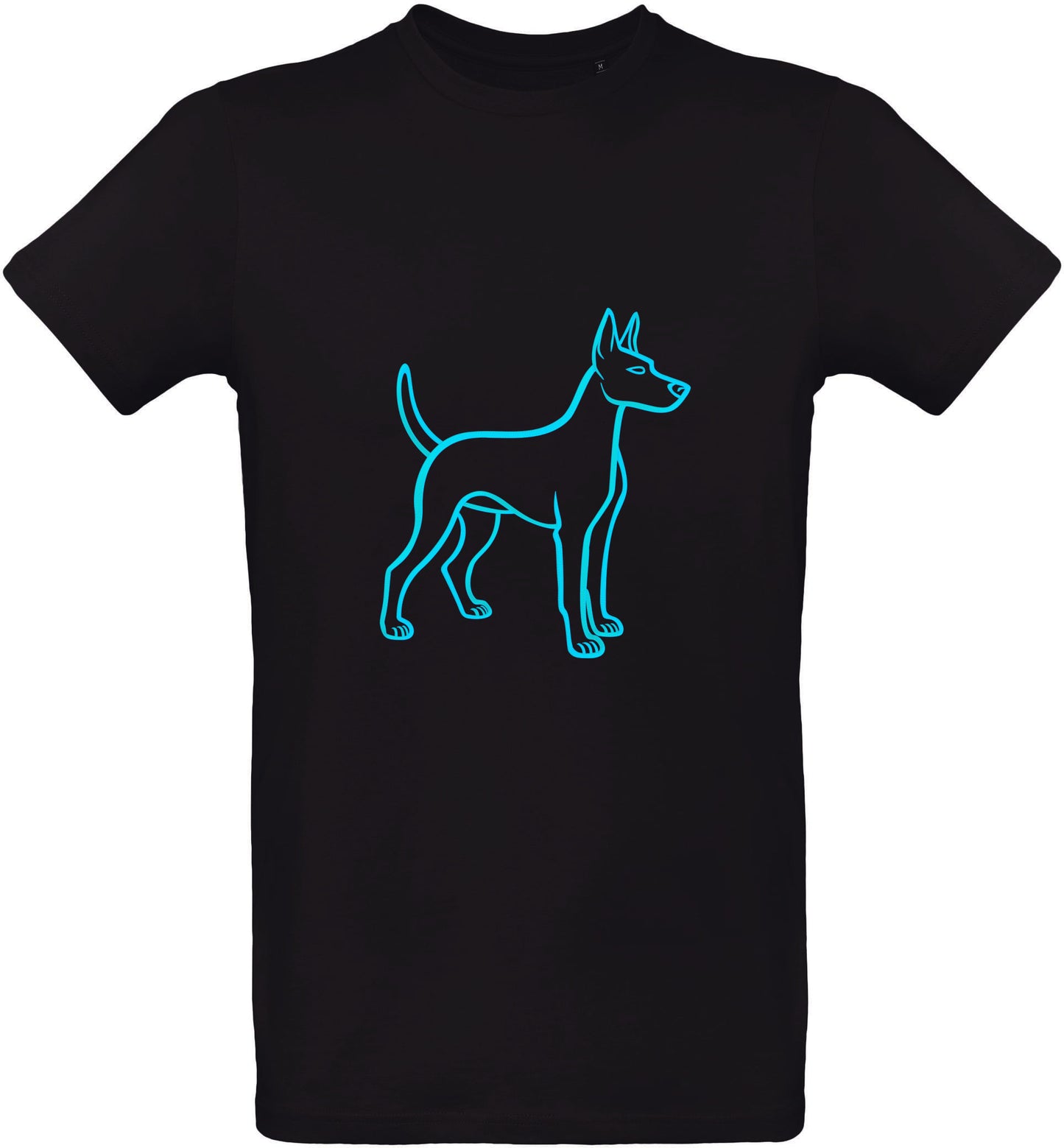 Black t-shirt with a sky blue puppy outline design on a white background