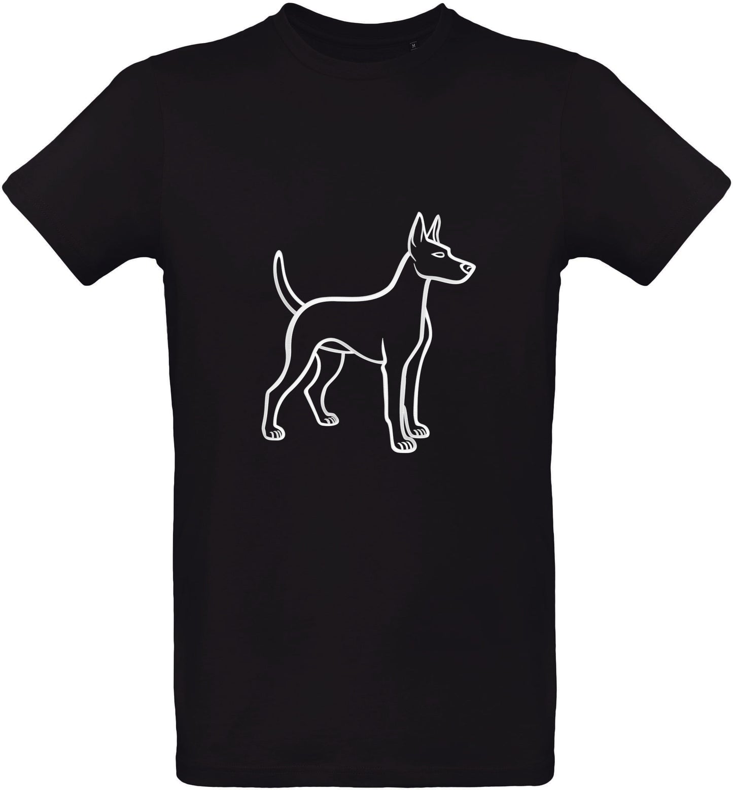 Black t-shirt with a white puppy outline design on a white background