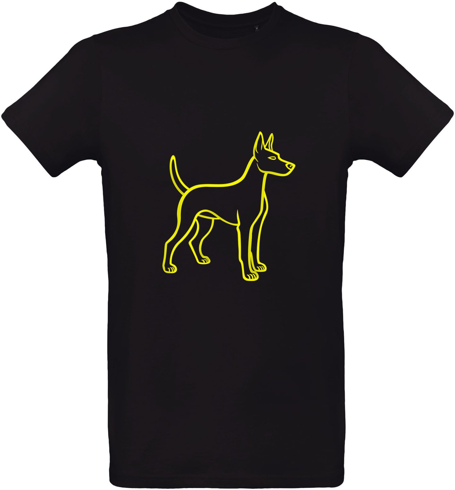 Black t-shirt with a yellow puppy outline design on a white background