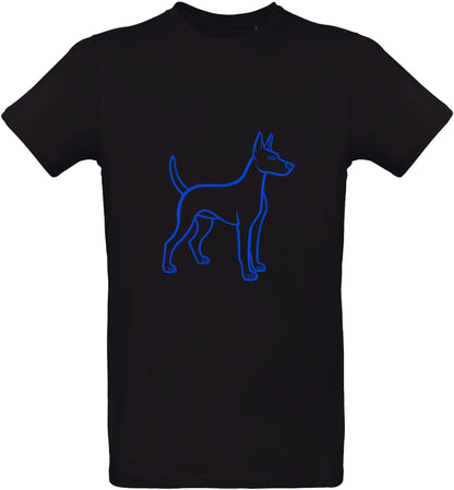 Black t-shirt with a deep blue puppy outline design on a white background