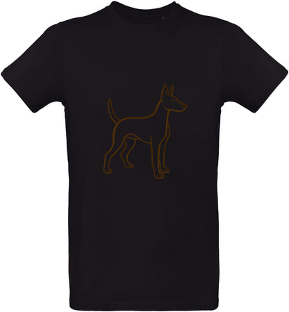 Black t-shirt with a brown puppy outline design on a white background