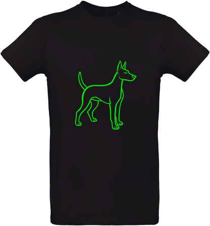 Black t-shirt with a green puppy outline design on a white background