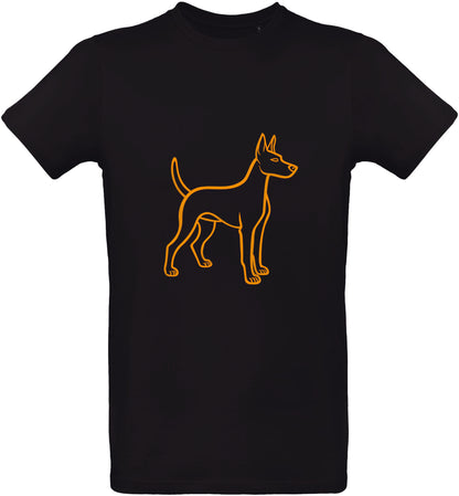 Black t-shirt with a orange puppy outline design on a white background