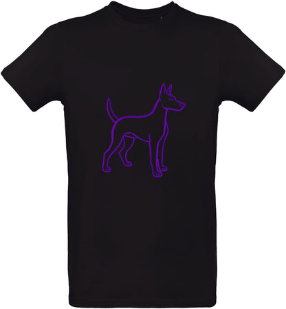 Black t-shirt with a purple puppy outline design on a white background
