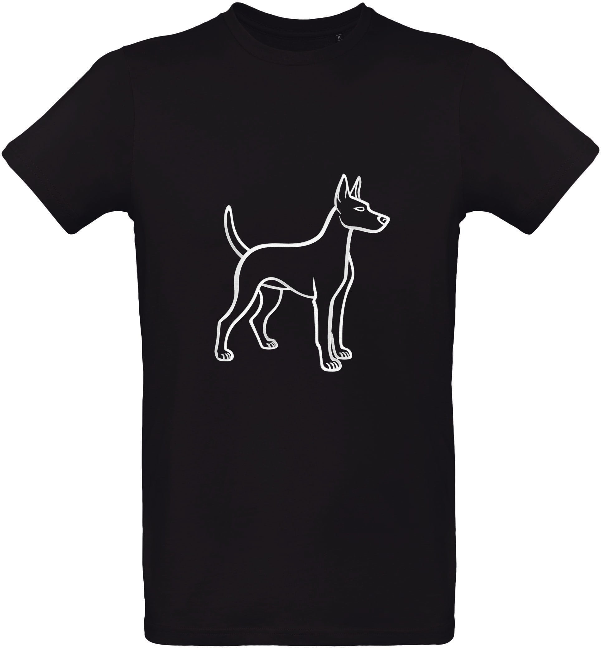 Black t-shirt with a white puppy outline design on a white background