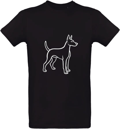 Black t-shirt with a white puppy outline design on a white background