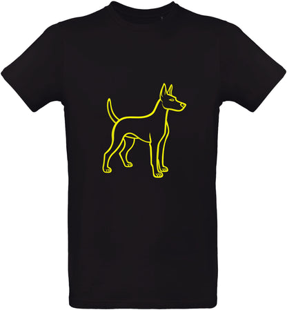 Black t-shirt with a yellow puppy outline design on a white background